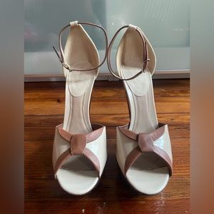 Giorgio Armani tan and brown open toe heels. Front platform. Size 37 1/2.